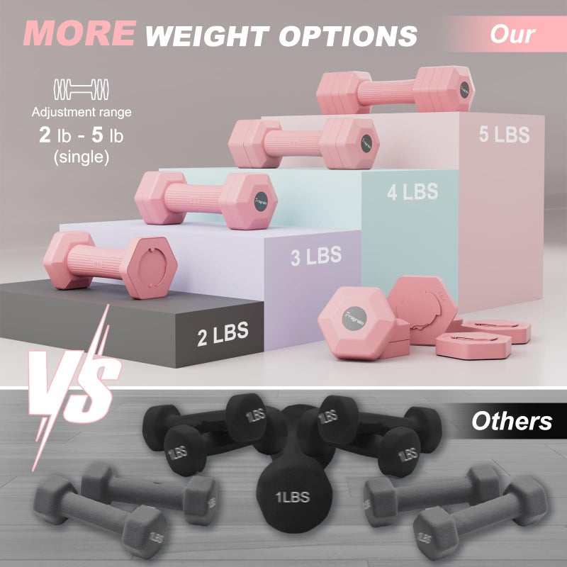 Fragraim Adjustable Dumbbells Set  4 in 1 Hand Weights Set for Women Men 10 LB Dumbbells Pair Each 2lbs 3lbs 4lbs 5lbs Weights Dumbbells Set with TPU Soft Rubber Handle for Home Gym Exercise Fitness - Pink - Image 2